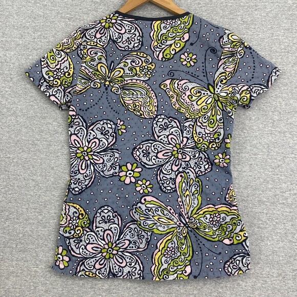 Runway by Cherokee Scrub Top Womens XS Gray Yellow Butterfly Fitted Healthcare - Picture 4 of 12